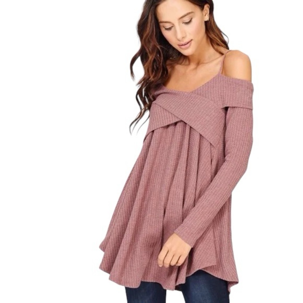 Long sleeve Criss Cross Off the Shoulder Waffle Tunic Mocha Size Medium
